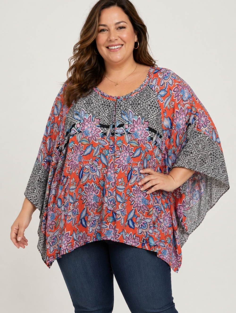Chenault Tunic Top Plus 3X Boho Floral Mix Print Kimono Sleeve Eclectic Colorful